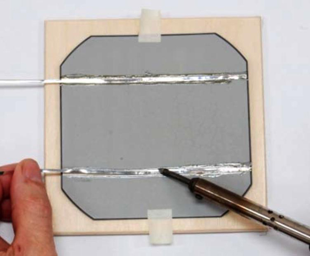  wires on one of the solar cells in the Parallax 33000-ND panel kit