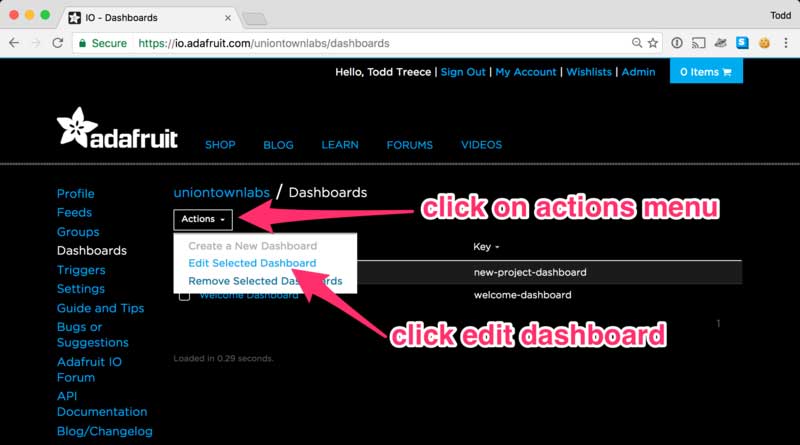 Edit Selected Dashboard